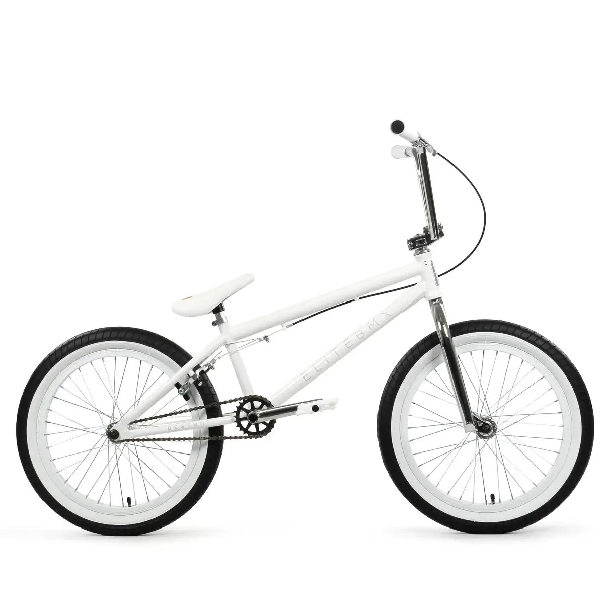 Elite BMX Destro white bike showcasing hi-tensile steel frame and sleek design for street and park riding.