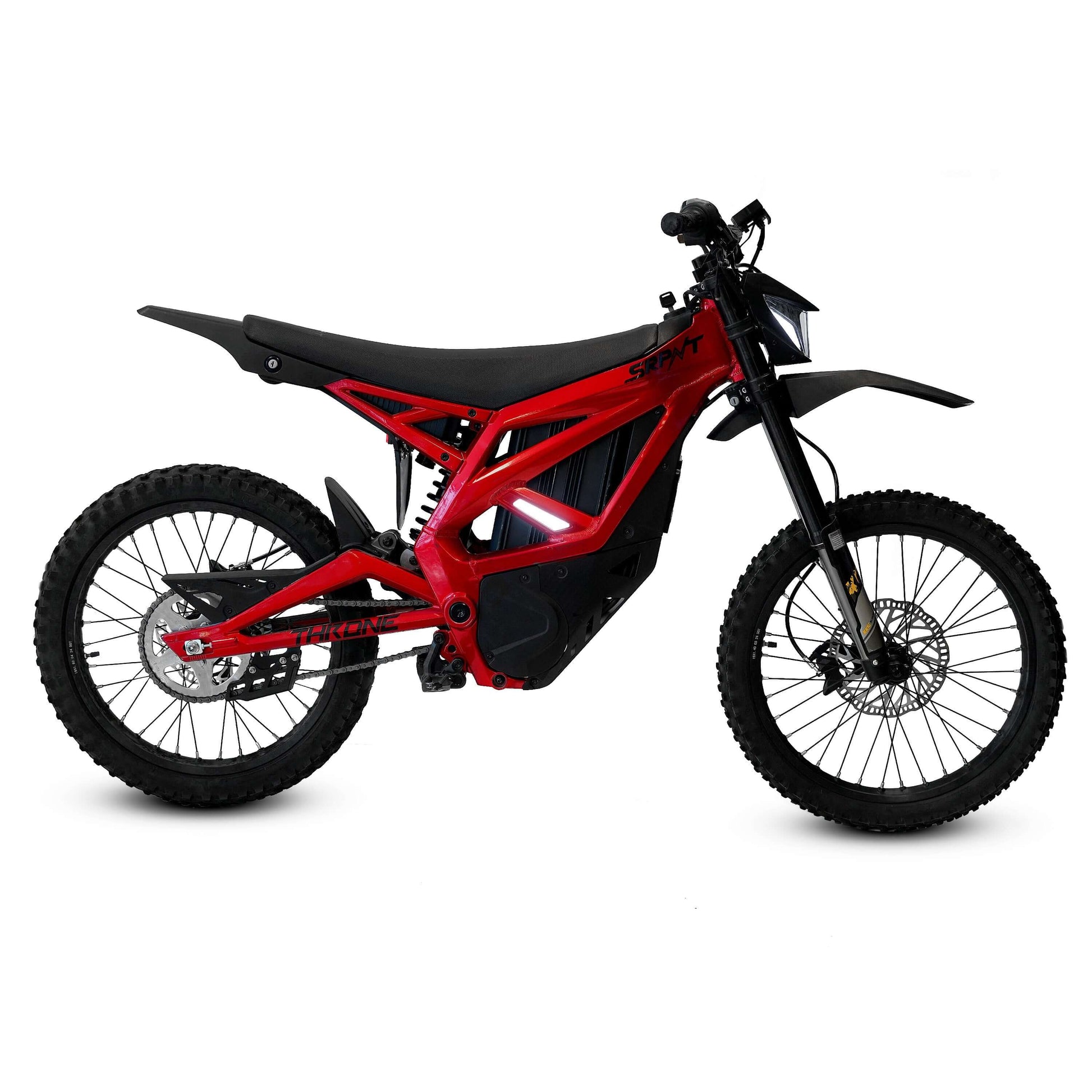 Throne SRPNT e-DIRT BIKE in red, featuring a custom alloy frame and powerful electric motor for thrilling off-road adventures.