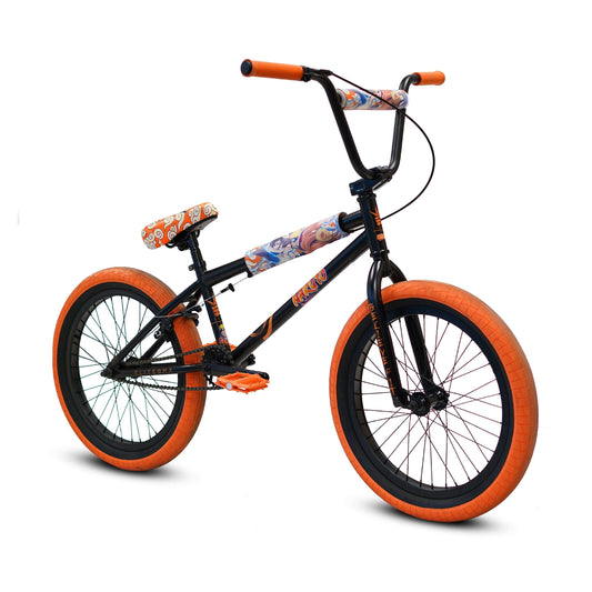 Elite BMX Stealth Naruto bike featuring classic graphics, orange tires, and upgraded components for true collectors.