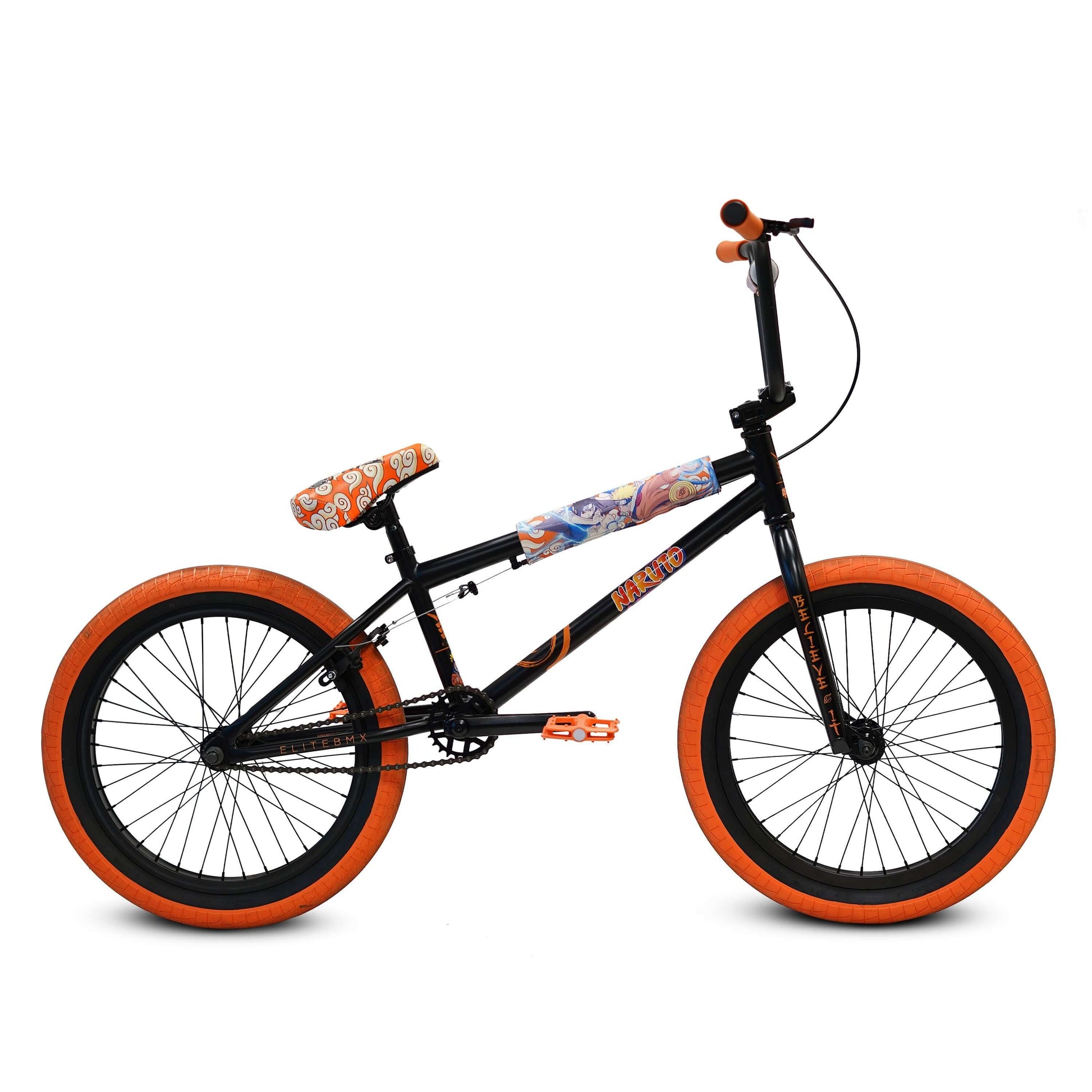 Elite BMX Stealth Naruto bike featuring iconic graphics and vibrant orange wheels, perfect for collectors.