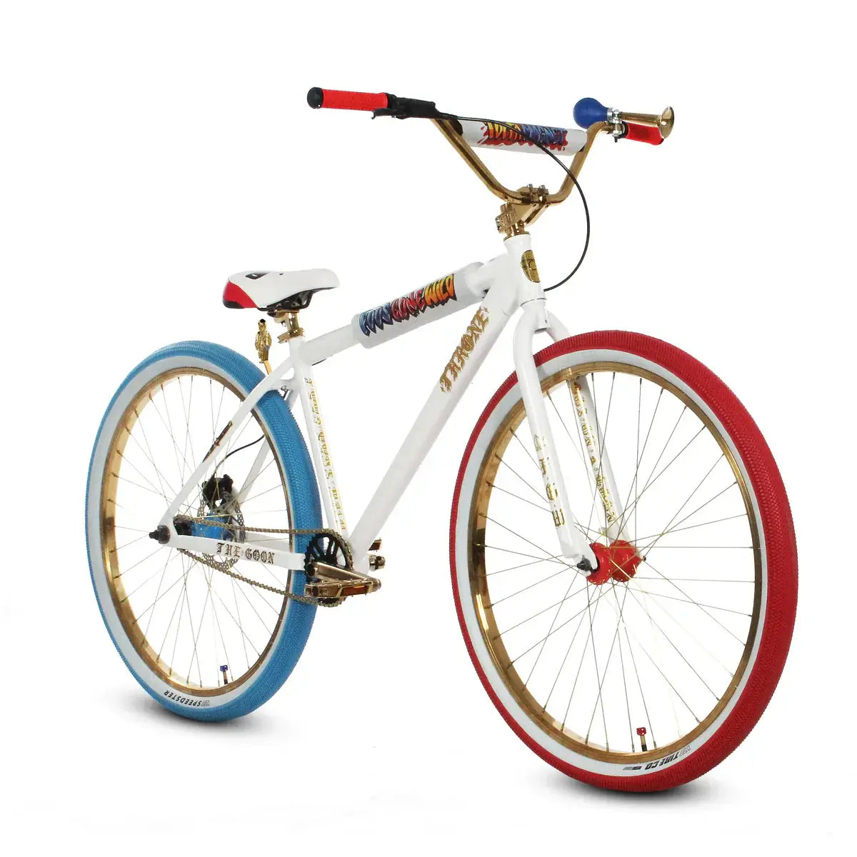 Throne The Goon 29" BMX bike featuring a welded yoke, hydraulic brakes, and vibrant red and blue tires.