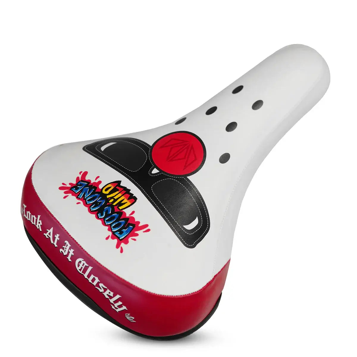 Colorful BMX bike seat featuring playful graphics and comfortable design for enhanced riding experience.