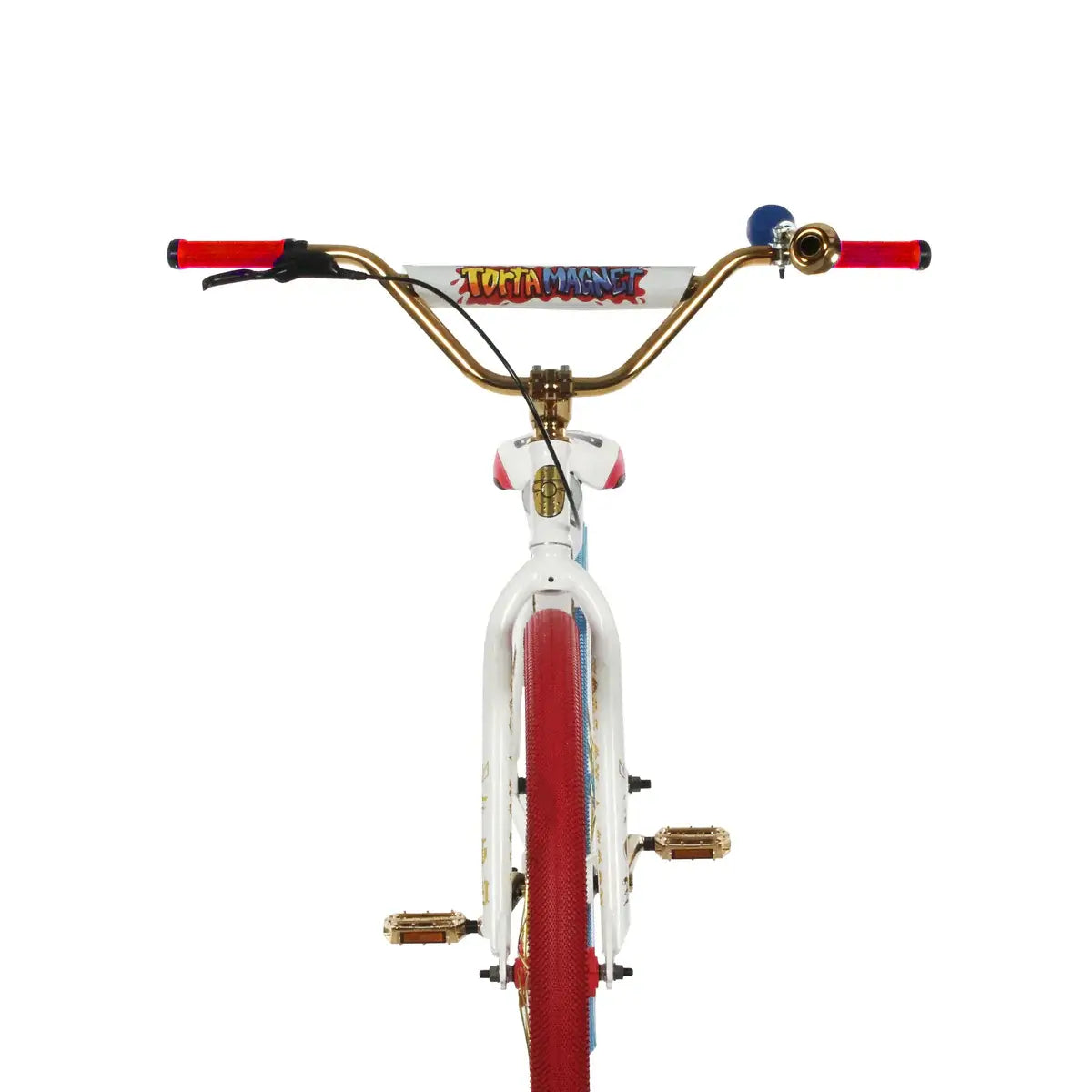 Front view of the Throne The Goon 29" BMX bike showcasing gold handlebars and red details.