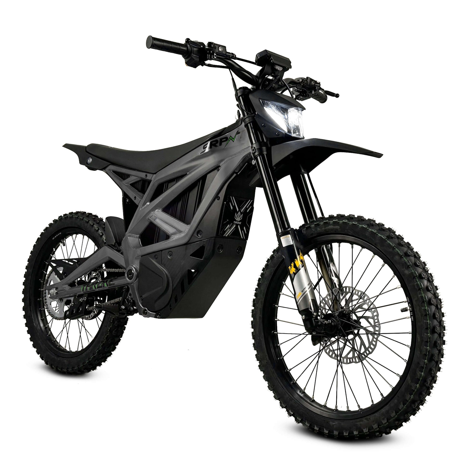 Throne SRPNT e-DIRT BIKE showcasing a sleek black design, perfect for high-speed adventures and off-road exploration.