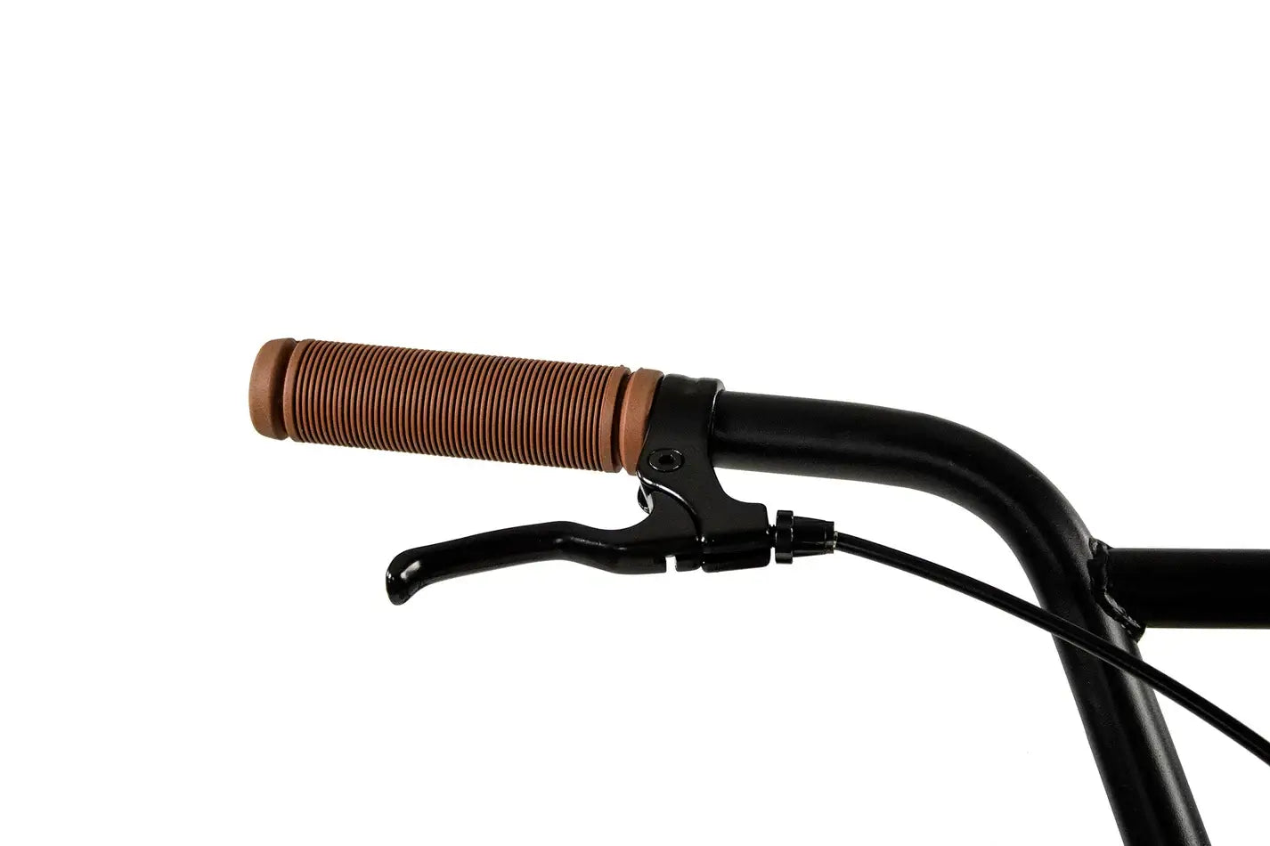 Close-up of Elite BMX Stealth handlebar with brown grips and brake lever, showcasing premium design.
