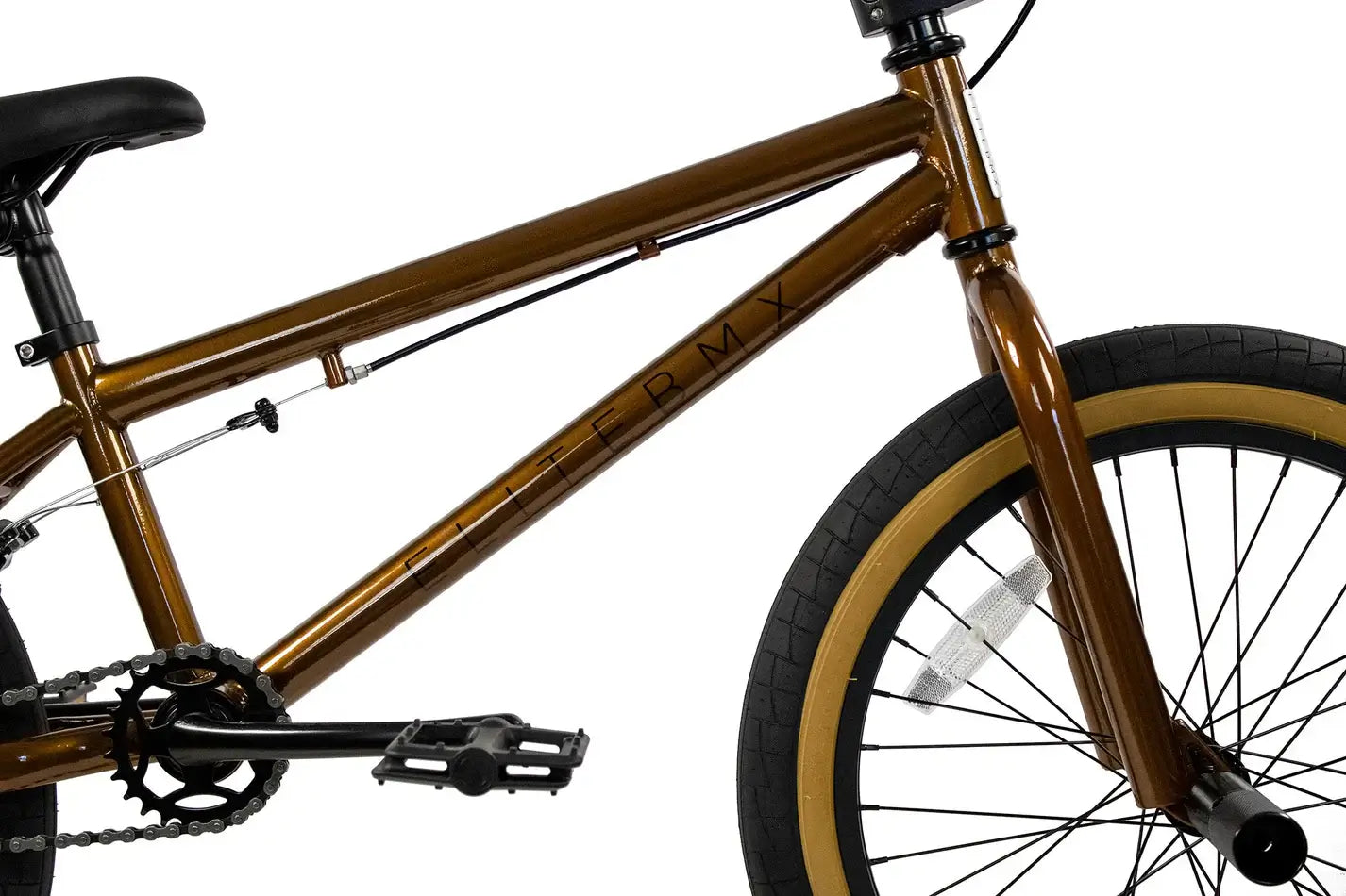 Close-up of the Elite BMX Stealth bike showcasing its sleek brown frame and street tires.