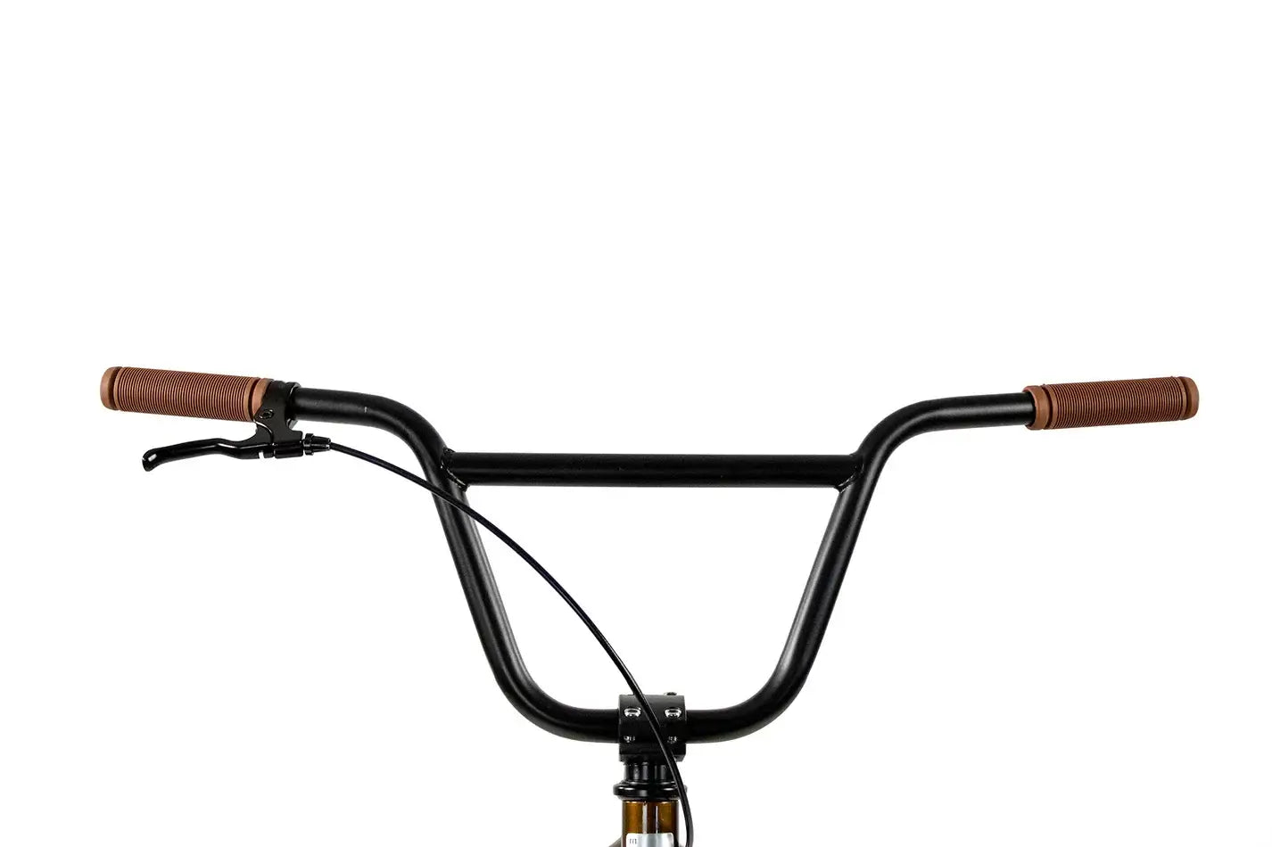 Close-up of Elite BMX Stealth handlebars with brown grips and brake lever.
