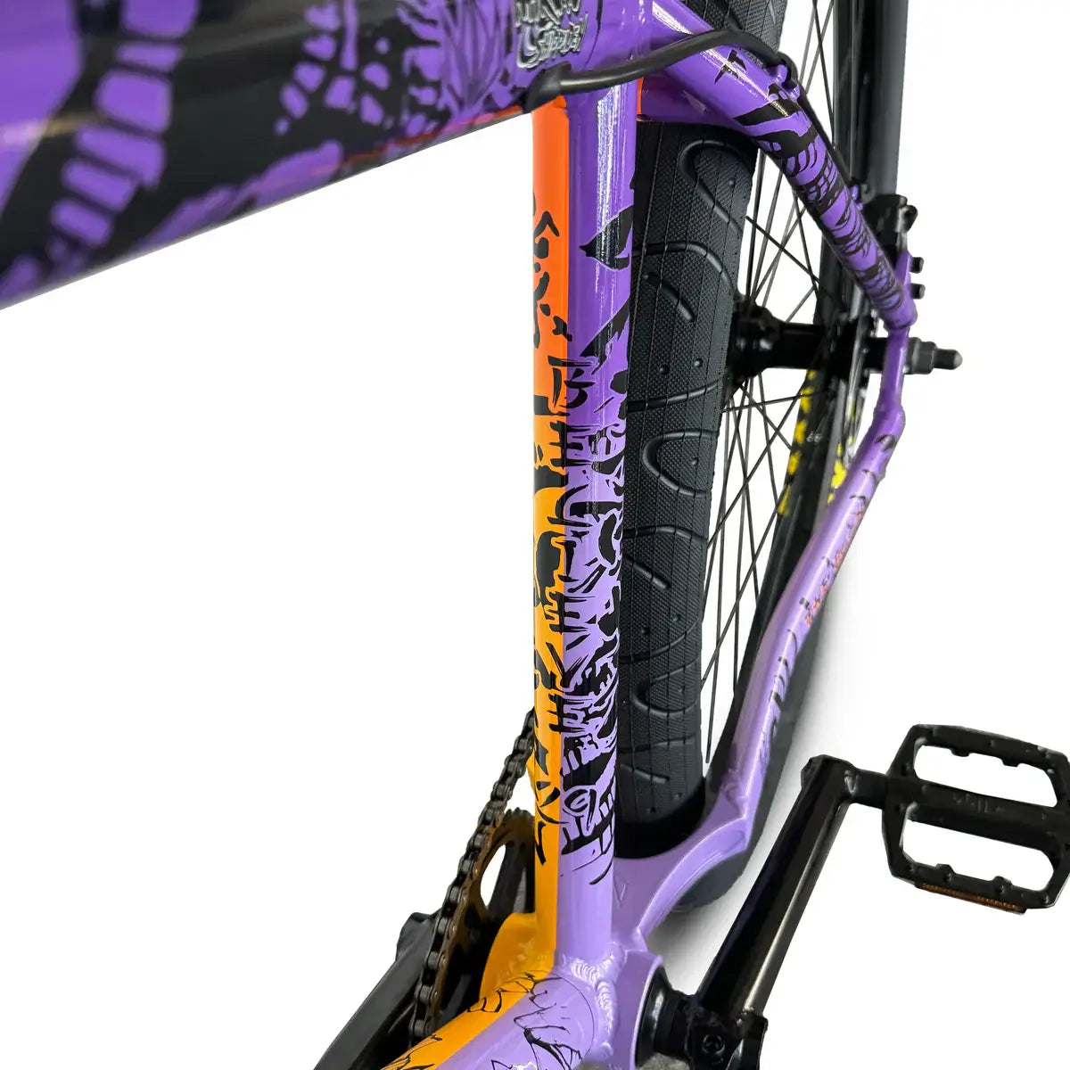 Close-up of the Goon 29" BMX bike frame showcasing vibrant purple graphics and durable components.