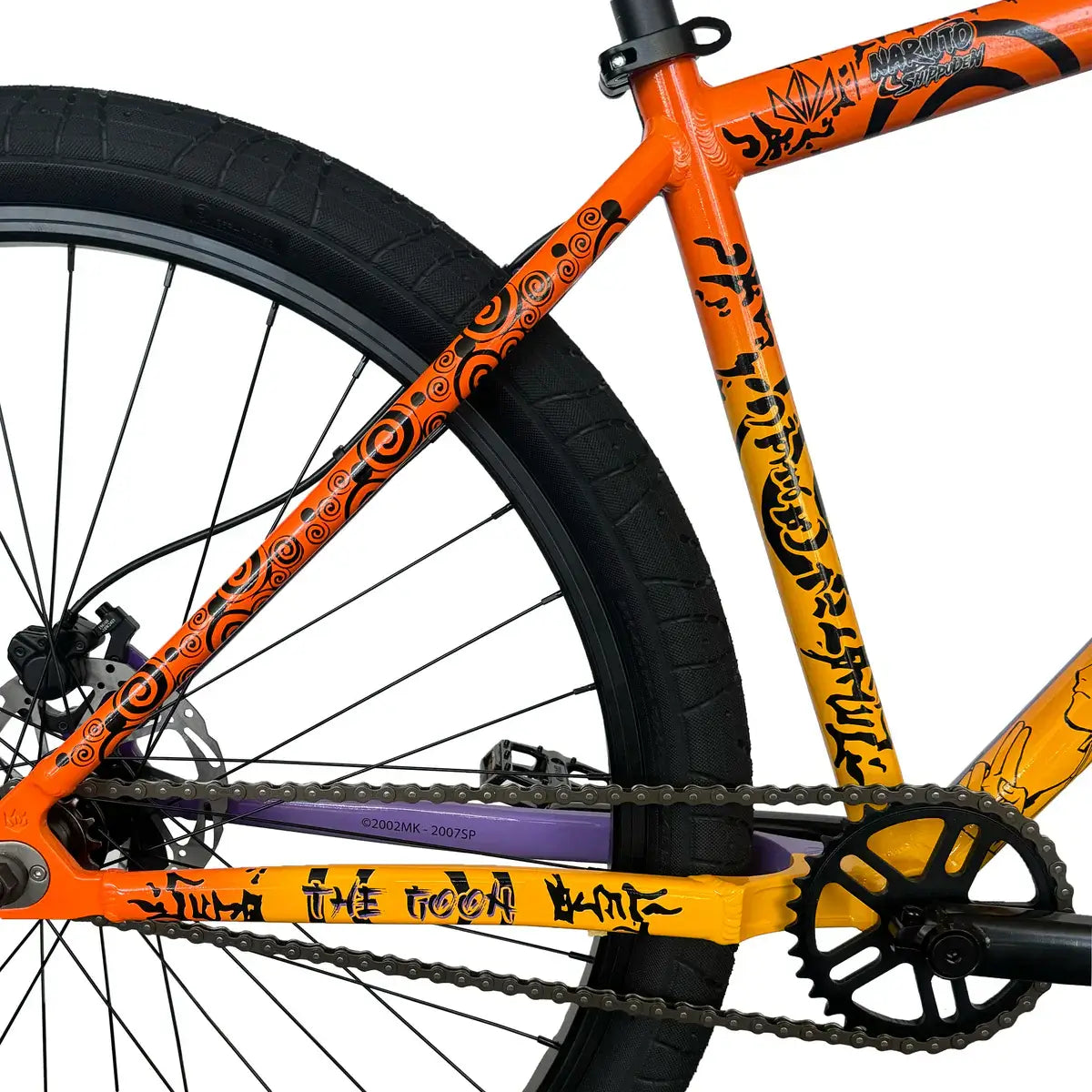 Close-up of Throne The Goon 29" BMX bike with vibrant orange and yellow design, featuring strong components and stylish graphics.