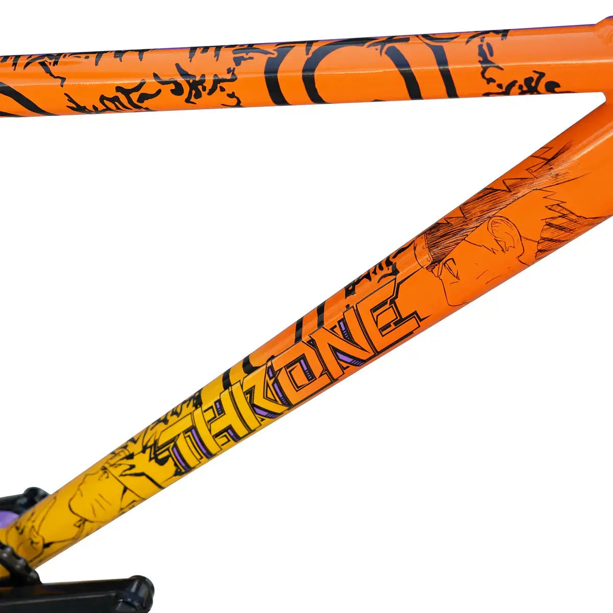 Close-up of Throne Goon BMX bike frame featuring vibrant orange graphics and welded yoke design.