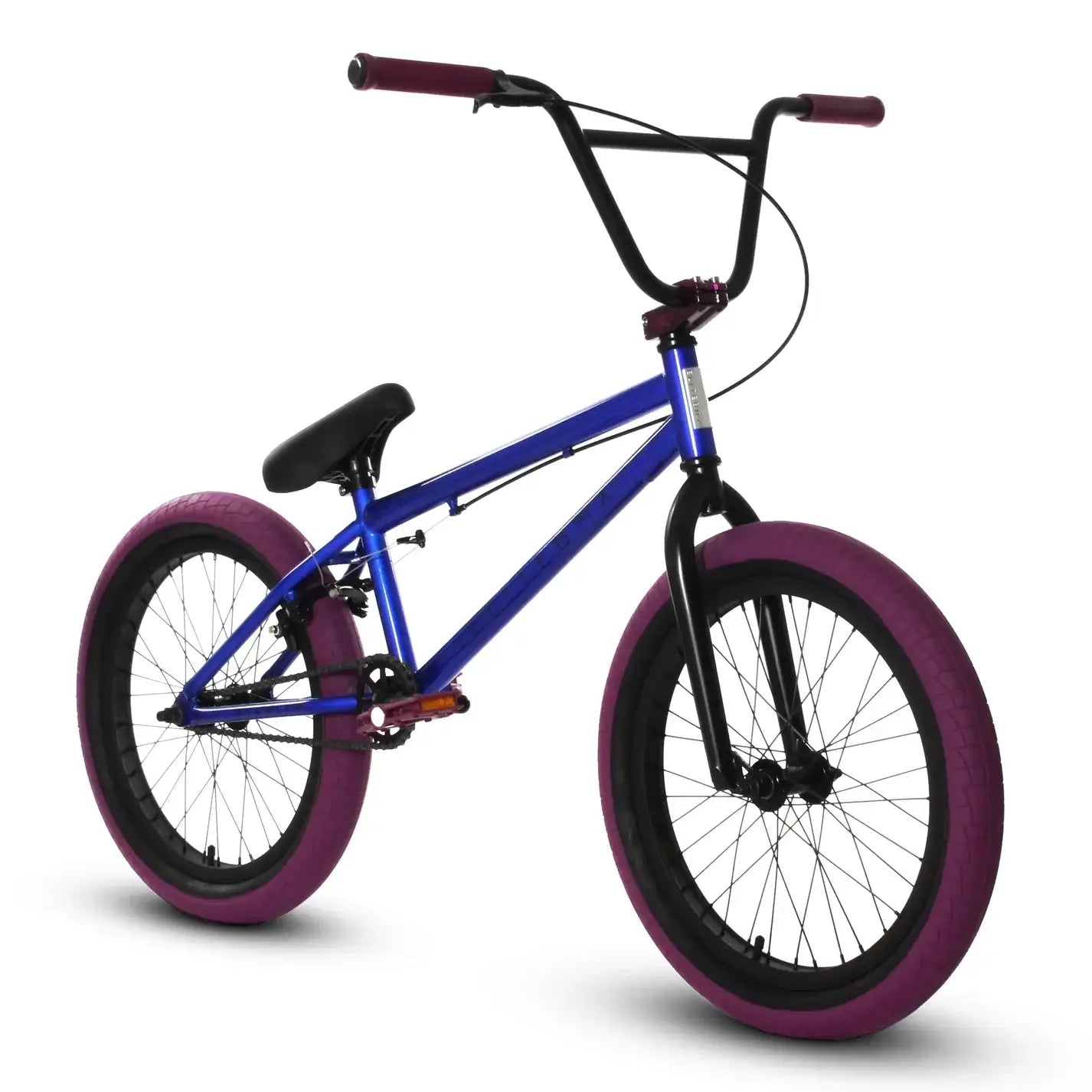 2024 Elite BMX Stealth bike with purple tires and blue frame, ideal for park and street riding.