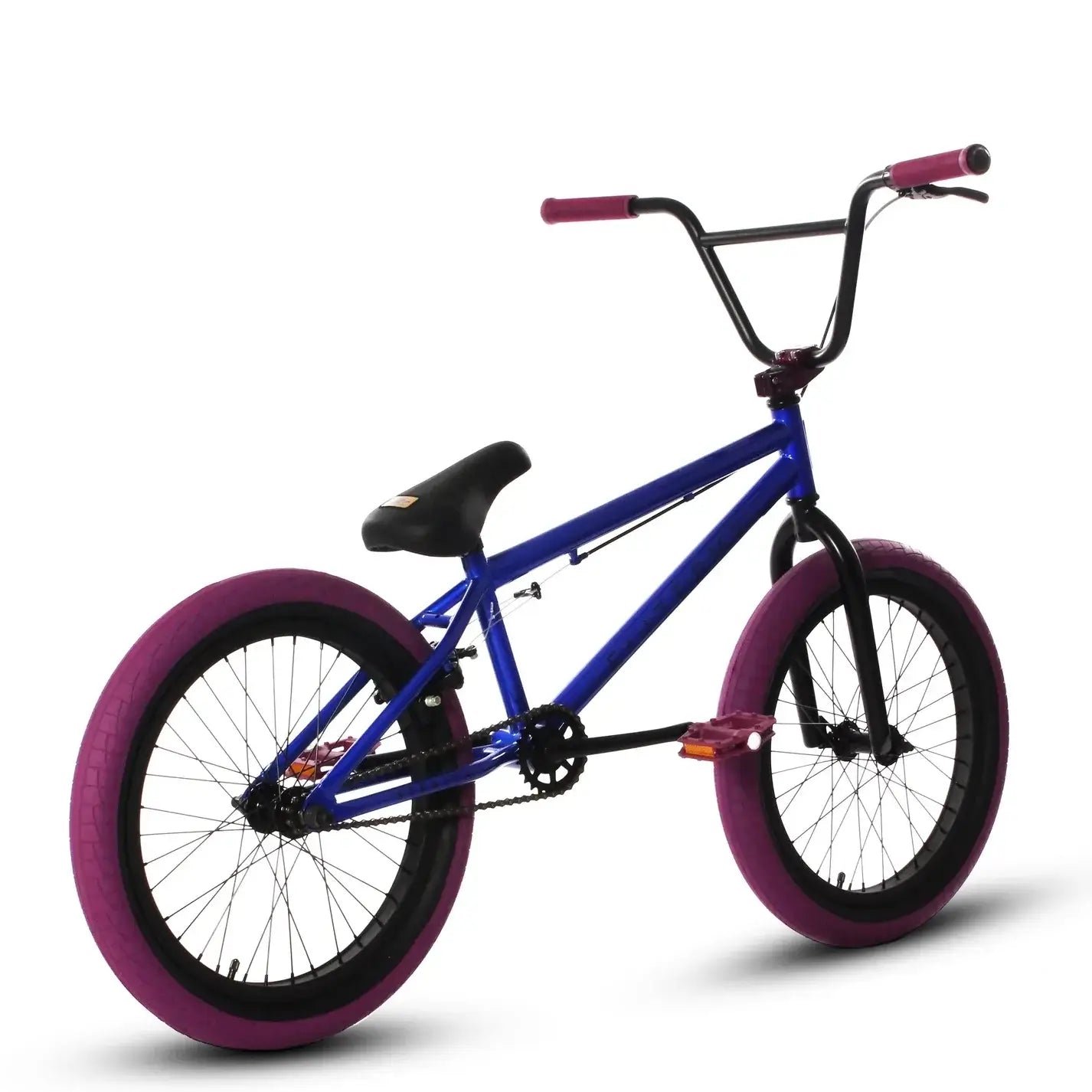Elite BMX Stealth in vibrant blue with purple tires, ideal for street and park riding.