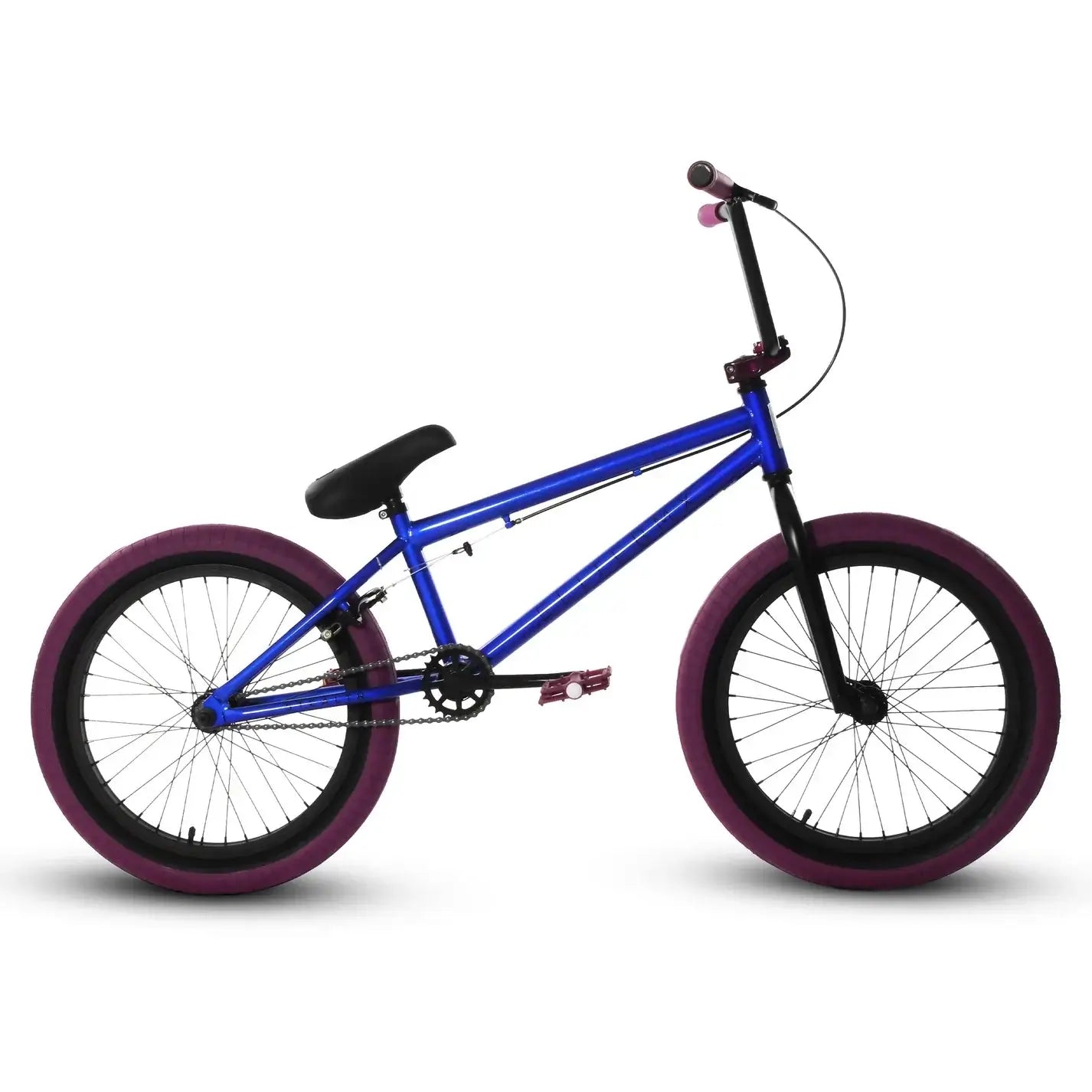 Elite BMX Stealth bike in blue with purple tires, featuring a sleek design and durable components for park and street riding.