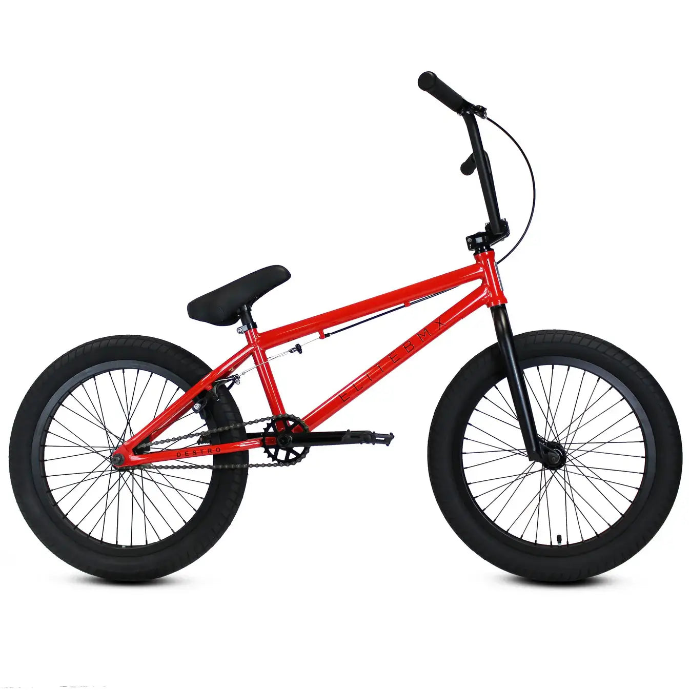Elite BMX Destro in vibrant red, showcasing its sturdy frame and thick tires, perfect for street, dirt, and park riding.