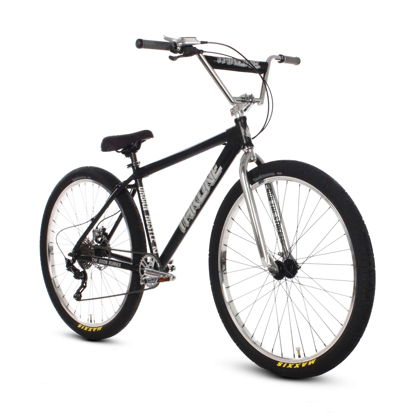 Throne Goon Runner BMX bike in black with 29" wheels, 10-speed gears, and hydraulic brakes for ultimate performance.