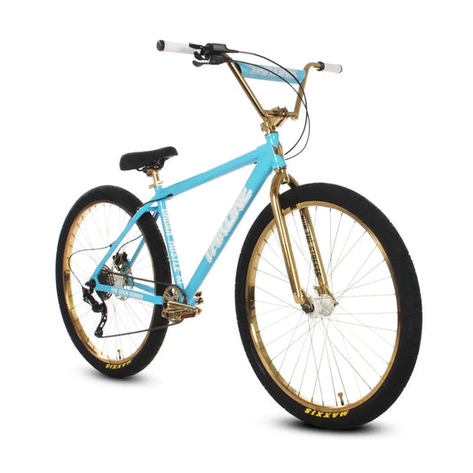 Throne The Goon Runner BMX bike in blue and gold with 10 speeds and hydraulic brakes, perfect for tricks and street riding.