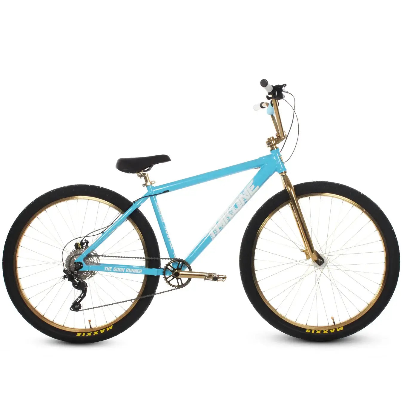 Throne The Goon Runner BMX bike in blue with gold rims, featuring 10 speeds and hydraulic brakes.