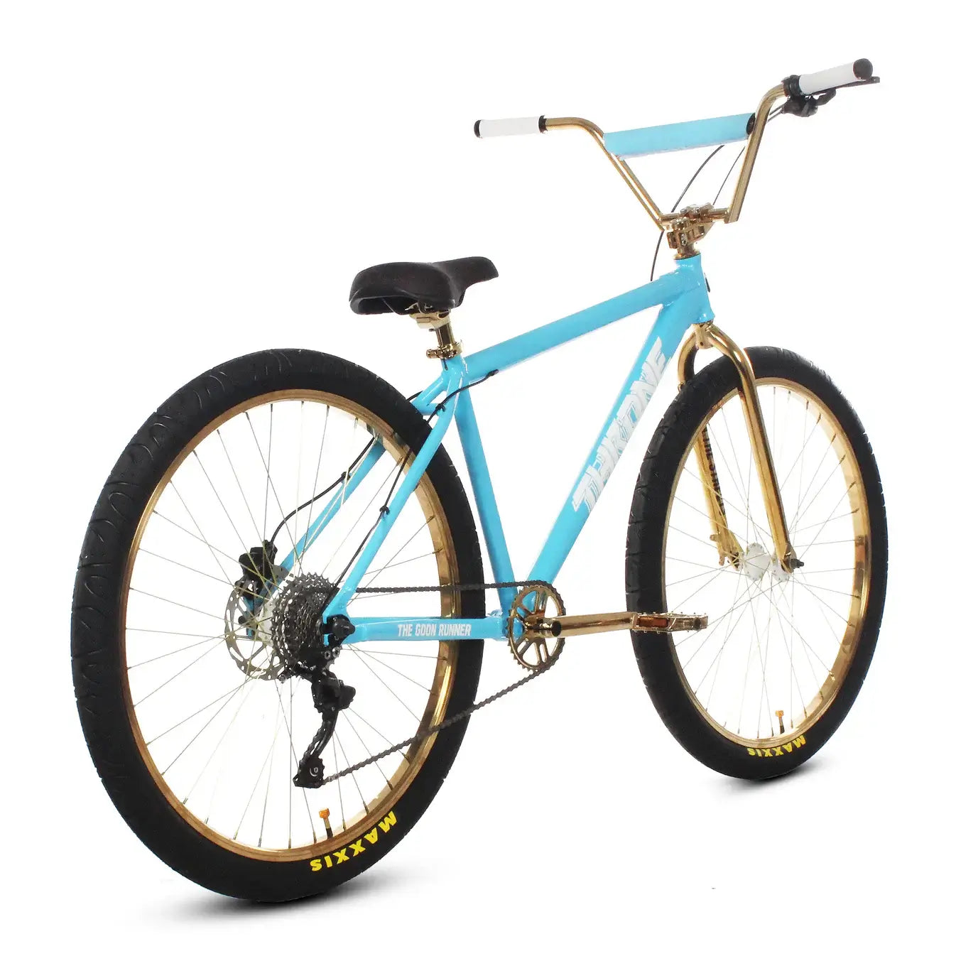 Throne The Goon Runner 29" BMX bike in blue with gold accents, featuring a 10-speed system and strong hydraulic brakes.
