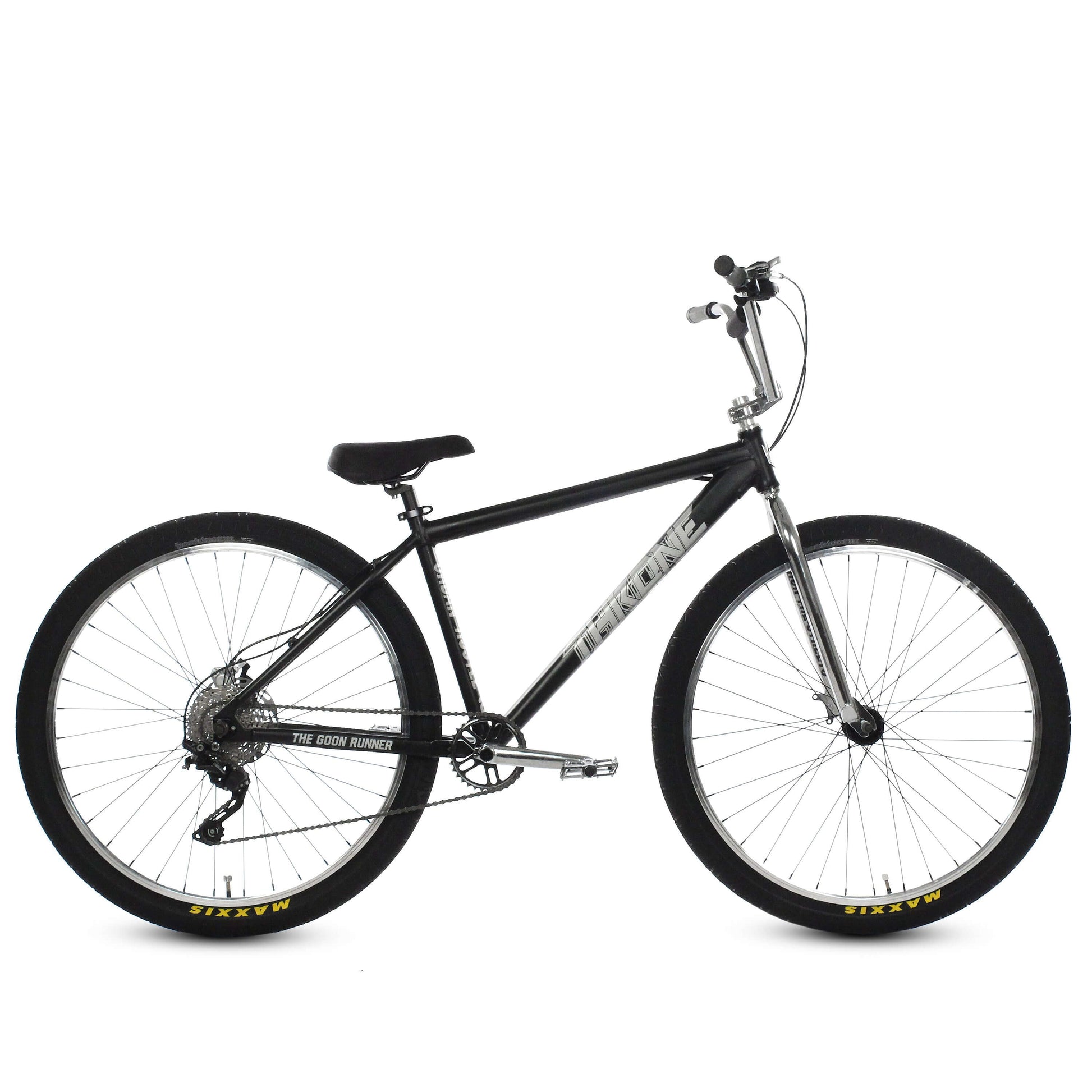 Throne The Goon Runner BMX bike in black with 29" wheels and hydraulic brakes, ideal for tricks and street riding.