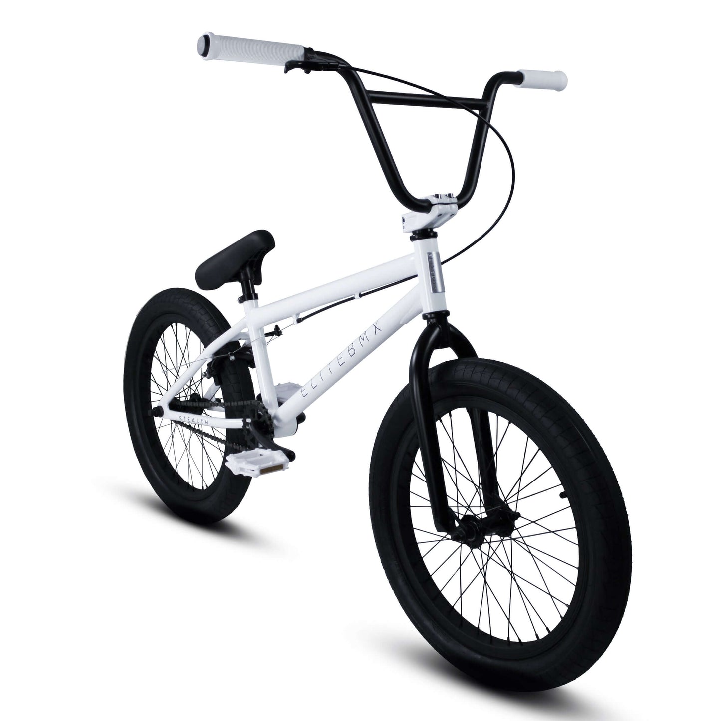 Elite BMX Stealth bike in white with 2.5" street tires and alloy top load stem, designed for park and street shredding.