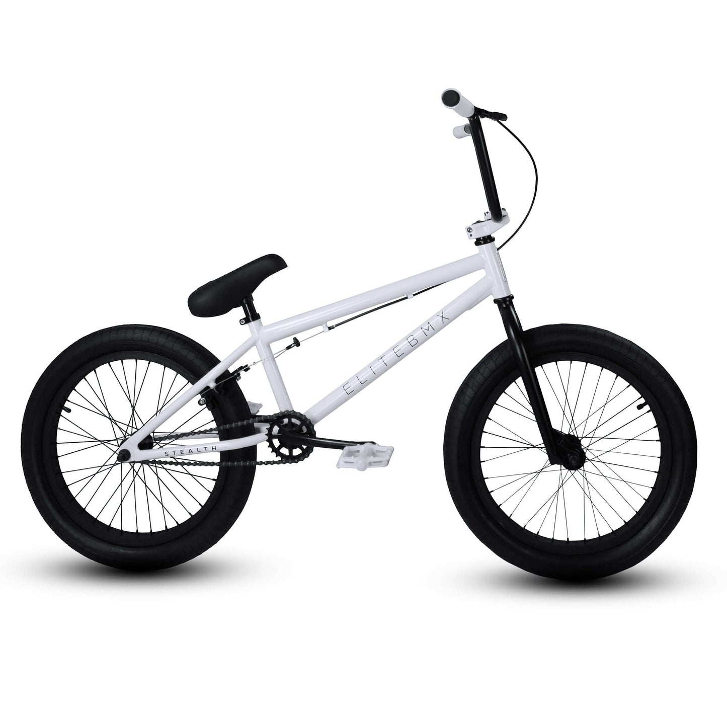 Elite BMX Stealth 2024 model in white with thick tires, ideal for street and park riding.