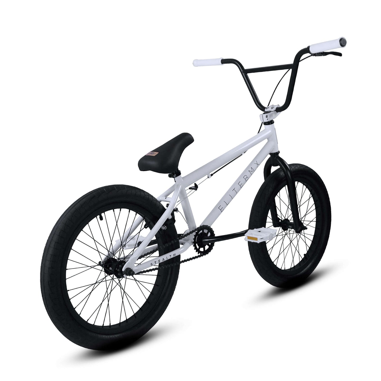 Elite BMX Stealth 2024 model in white with black tires and handlebars, ideal for park and street riding.