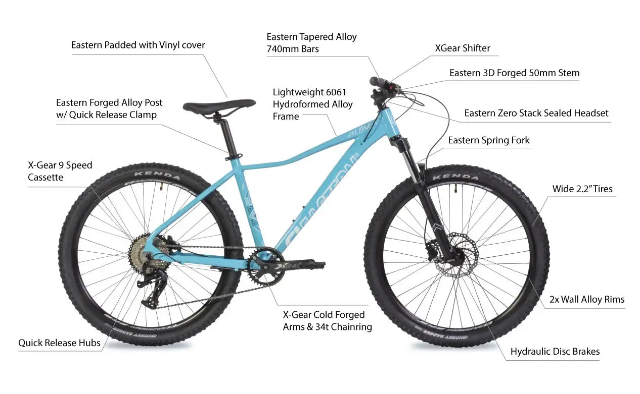 Eastern Bike Alpaka 27.5" features: lightweight frame, hydraulic disc brakes, wide tires, alloy components for performance.