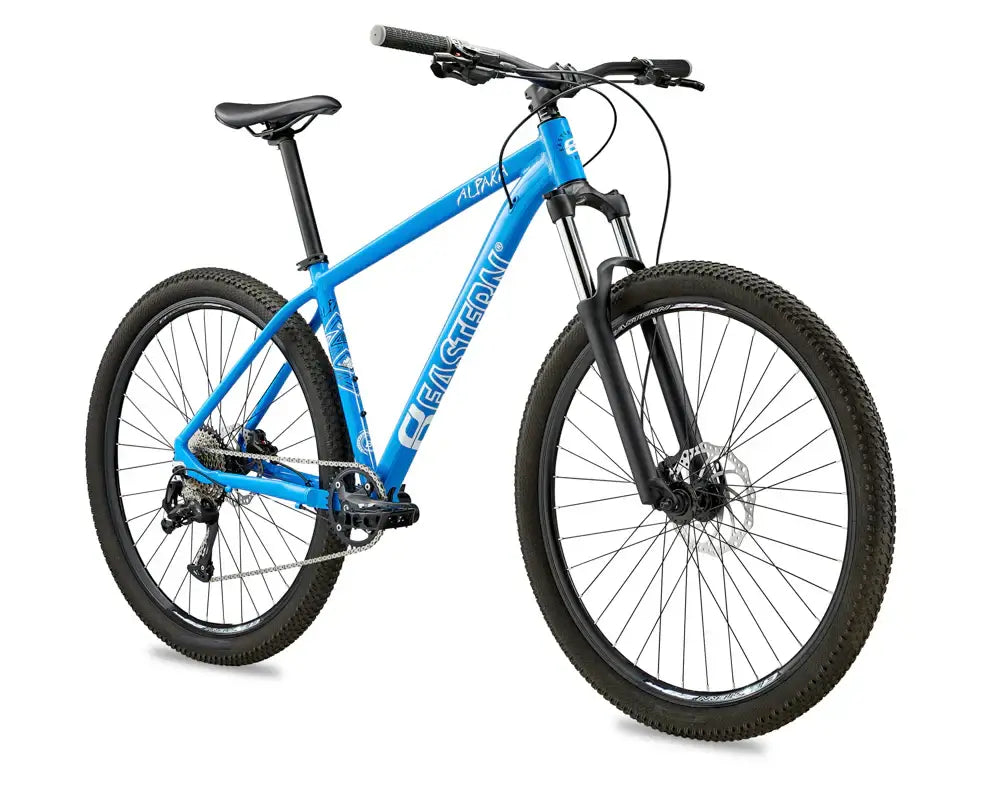 Eastern Bike Alpaka Men's 29" in blue with hydraulic disc brakes and double-wall rims for smooth rides.