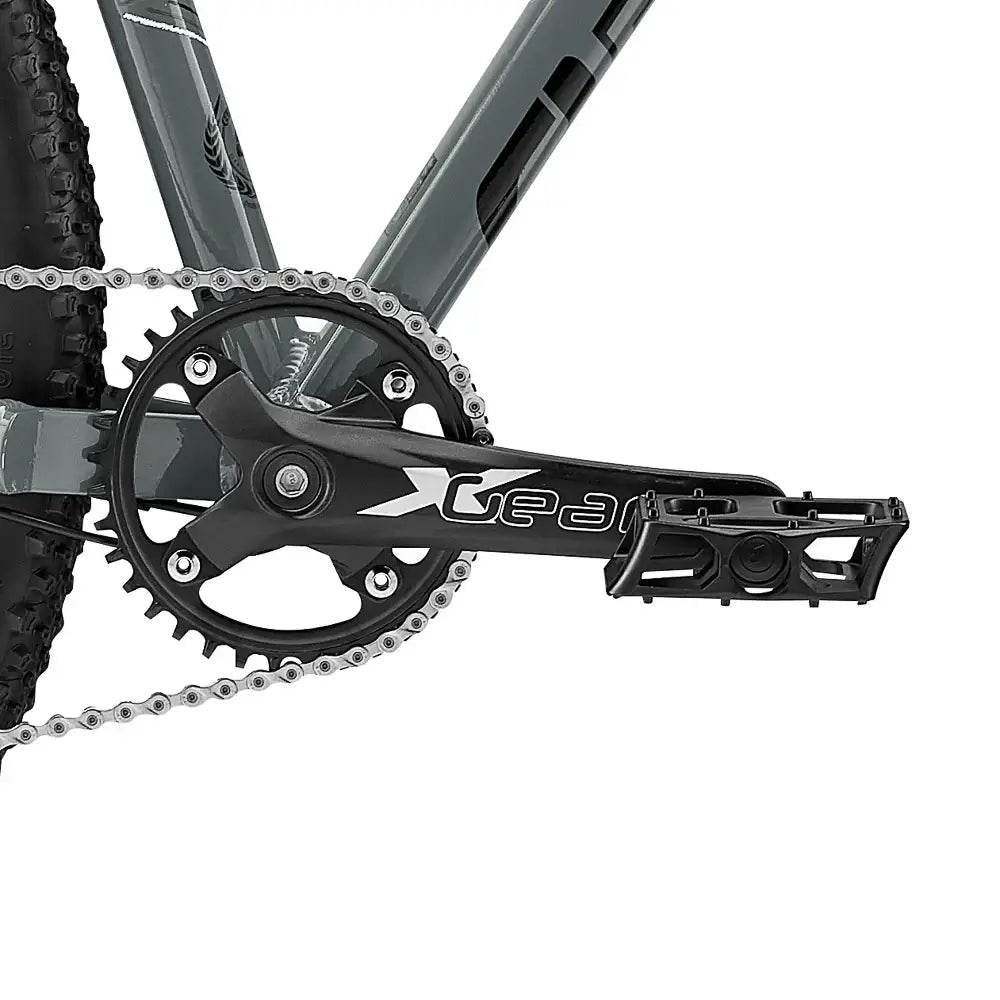 Close-up of Eastern Bike Alpaka mechanical cranks and pedals for smooth performance on 29" wheels.