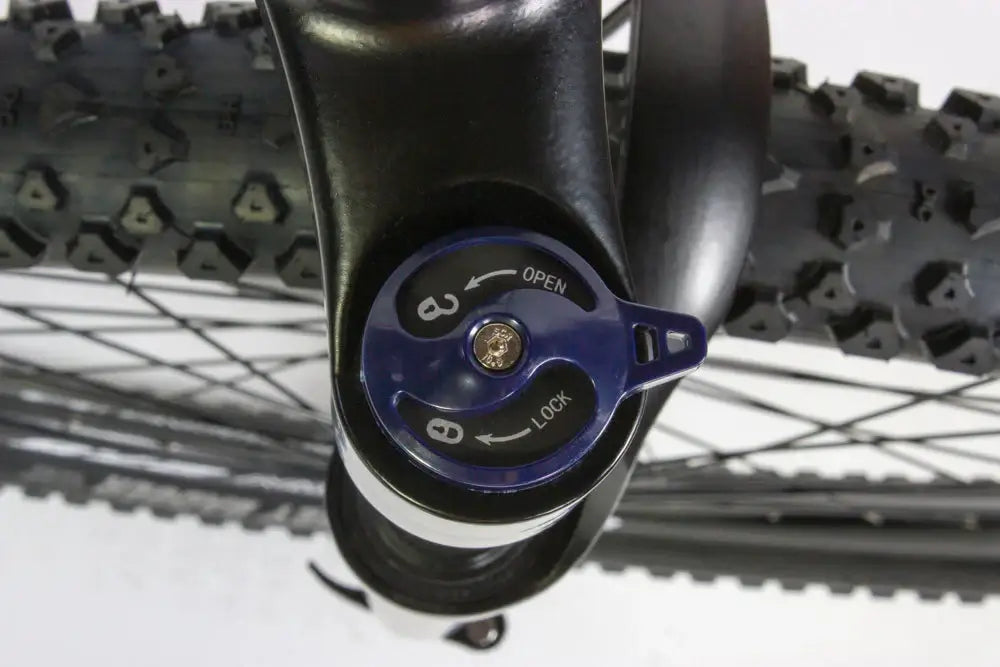 Close-up of Eastern Bike Alpaka fork with lock and open settings for optimal ride control.