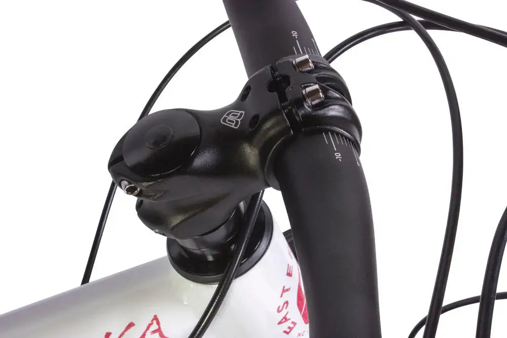 Close-up of Eastern Bike Alpaka 27.5" handlebar and stem, showcasing controls and sleek design.