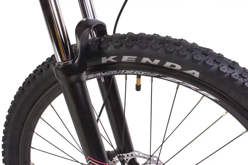 Close-up of the Eastern Bike Alpaka front fork and Kenda tire, showcasing the bike's rugged build and design.