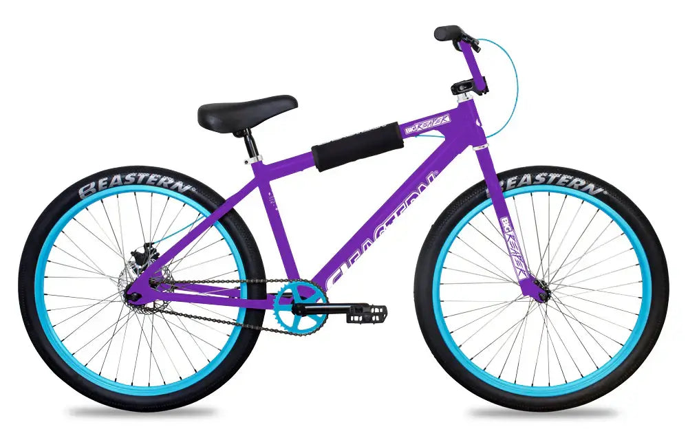 Eastern Bike Big Reaper LTD in purple, featuring 26" wheels and Eastern logo tires, designed for street riding.