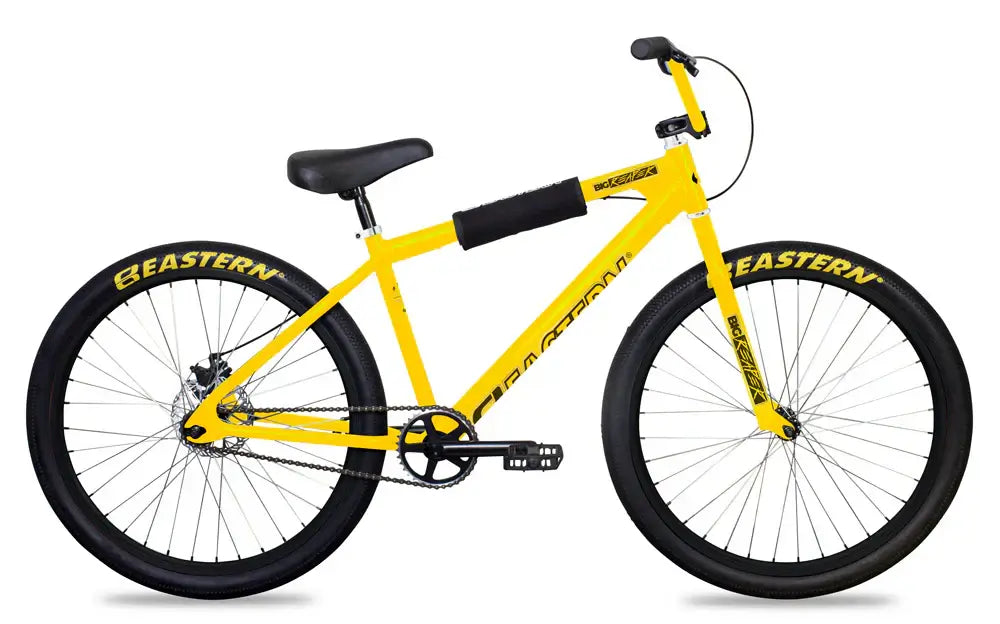 Eastern Bike Big Reaper LTD in yellow with black tires, perfect for street riding and wheelies, featuring sealed hubs and alloy sprocket.