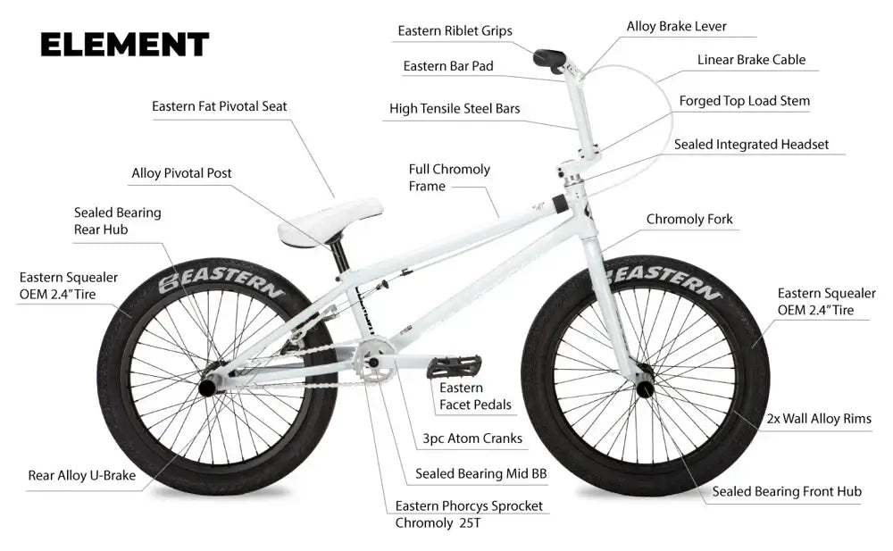Eastern Element bike features a full chromoly frame, sealed hubs, Squealer tires, and 3-piece chromo cranks, ideal for expert riders.