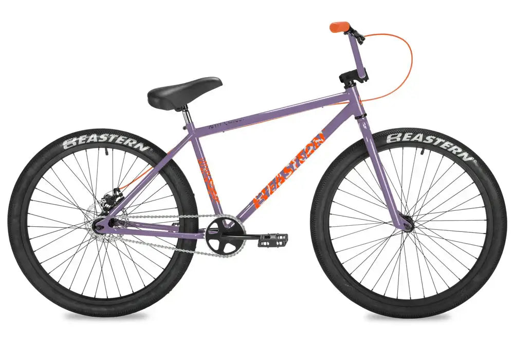 Eastern Bike Growler in purple with Eastern logo tires and flangeless grips, showcasing BMX-inspired design.