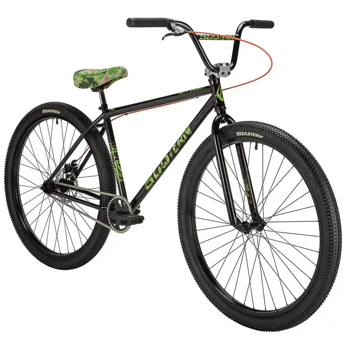 Eastern Bike Growler in black with camo seat, featuring 26" wheels, Eastern logo tires, and durable construction.