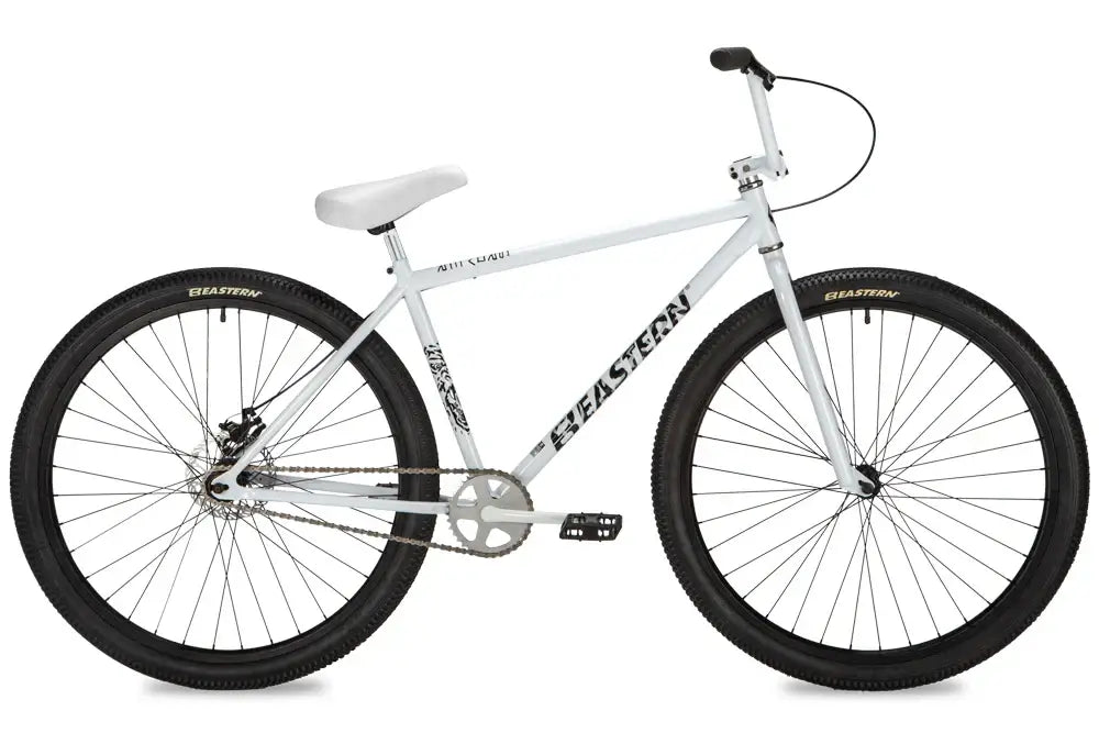 Eastern Bike Growler in white, featuring a BMX design, 26" and 29" options, with Eastern logo tires and durable construction.