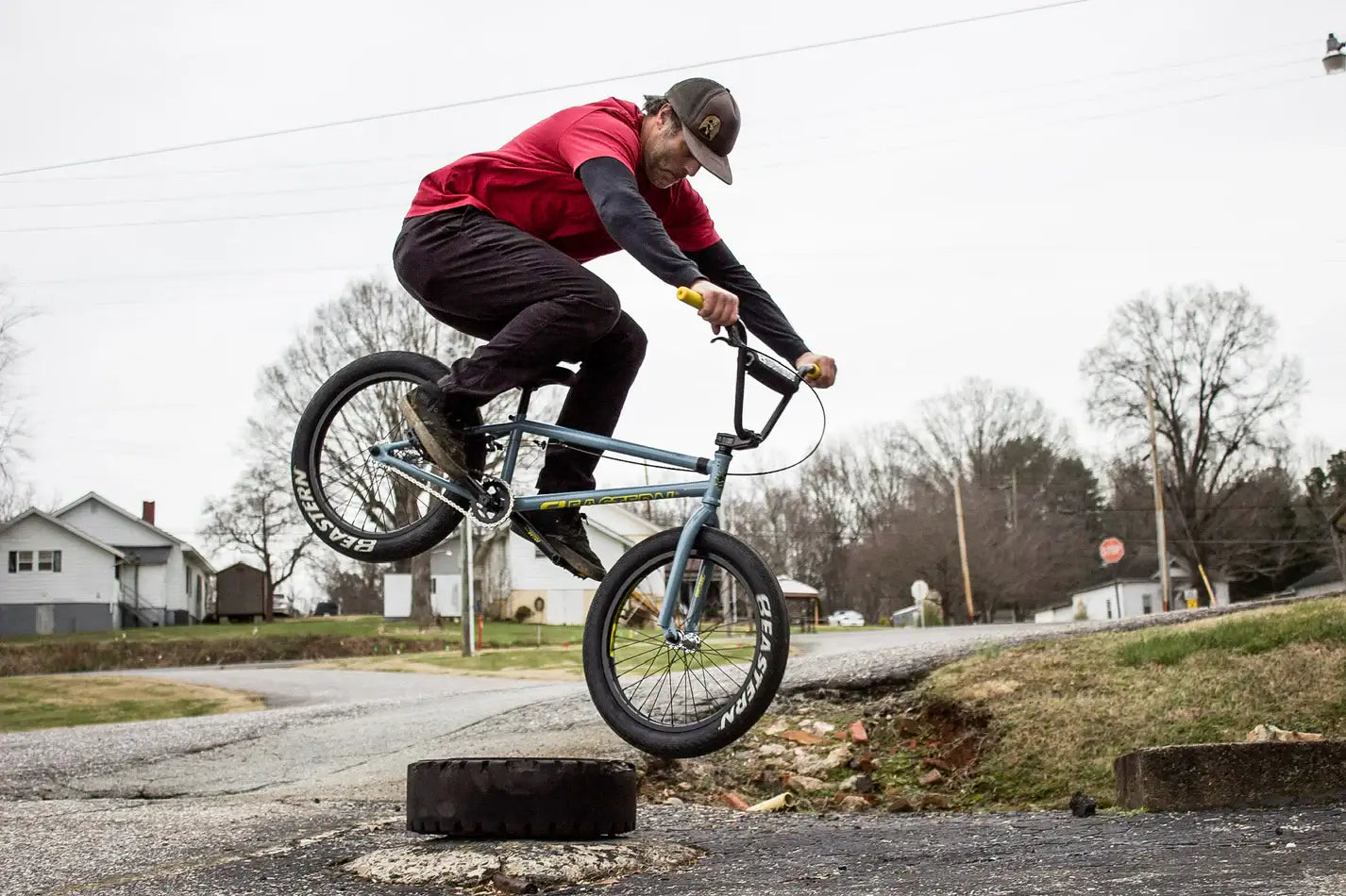 Rider performing a trick on an Eastern Wolfdog bike, showcasing its durability and performance.