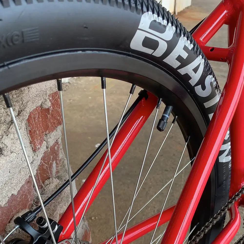 Close-up of Eastern Bike Big Reaper's wheel featuring Eastern logo tire and detailed spoke design.