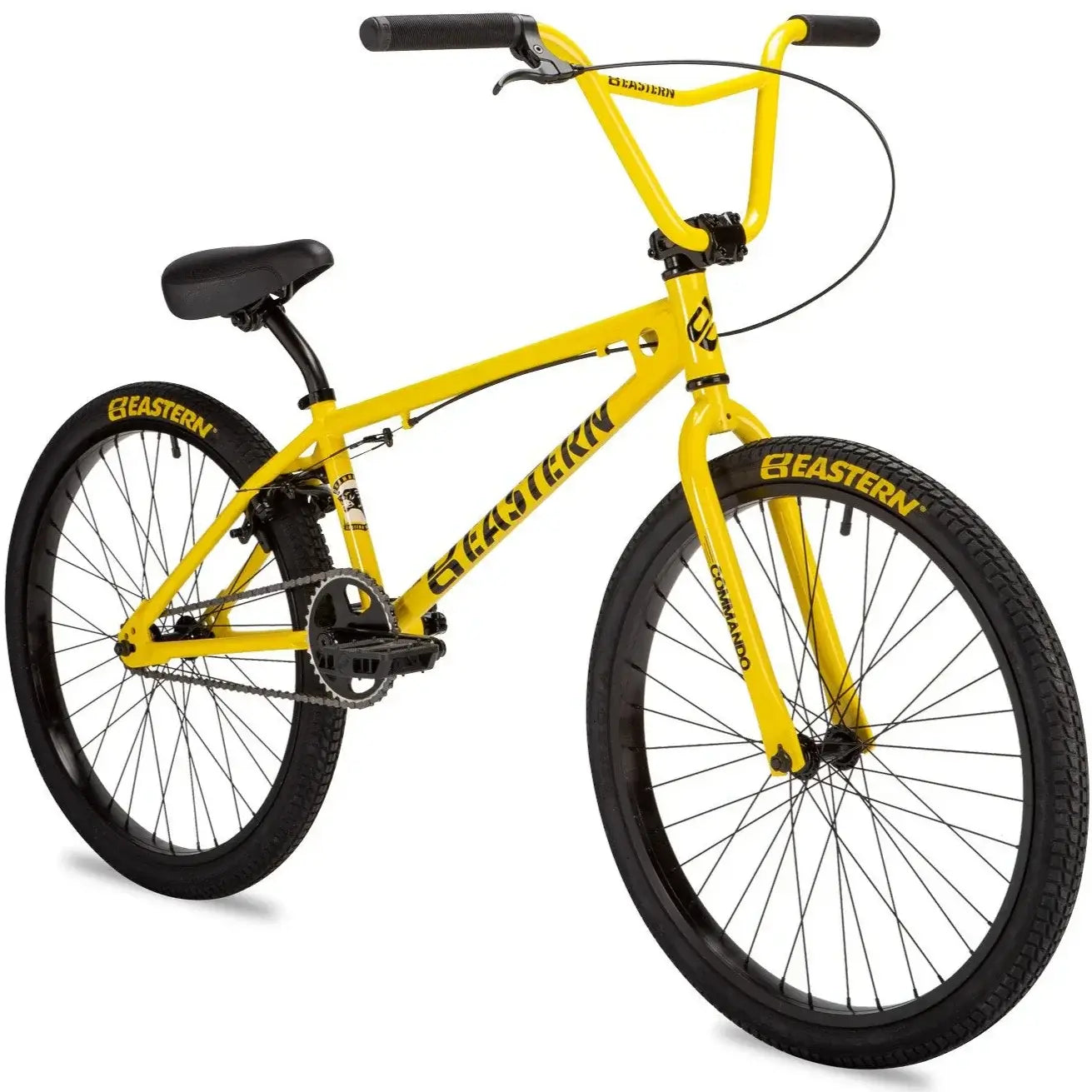 Eastern Bike Commando LTD yellow cruiser bike with 3 pc cranks and retro design, 24-inch wheels for durability and fun riding.