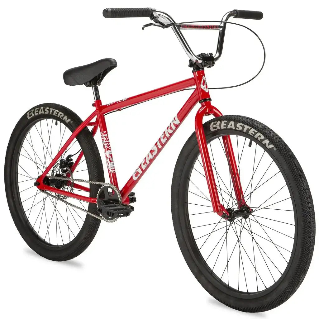 Eastern Bike Growler LTD in red with Eastern logo tires, flangeless grips, and mechanical disc brakes for a smooth ride.