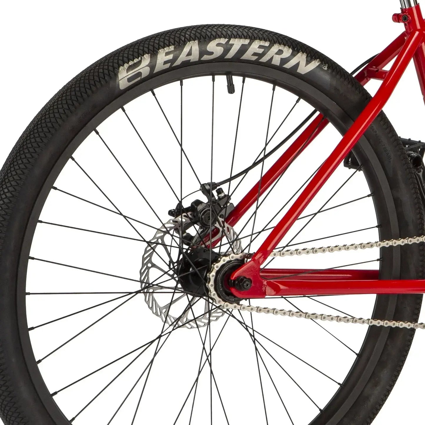 Close-up of Eastern Bike Growler LTD featuring Eastern logo tire and mechanical disc brake.