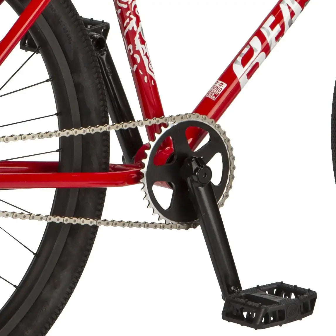 Close-up of Eastern Bike Growler LTD's crankset, chain, and pedals showcasing durable steel construction and BMX design.