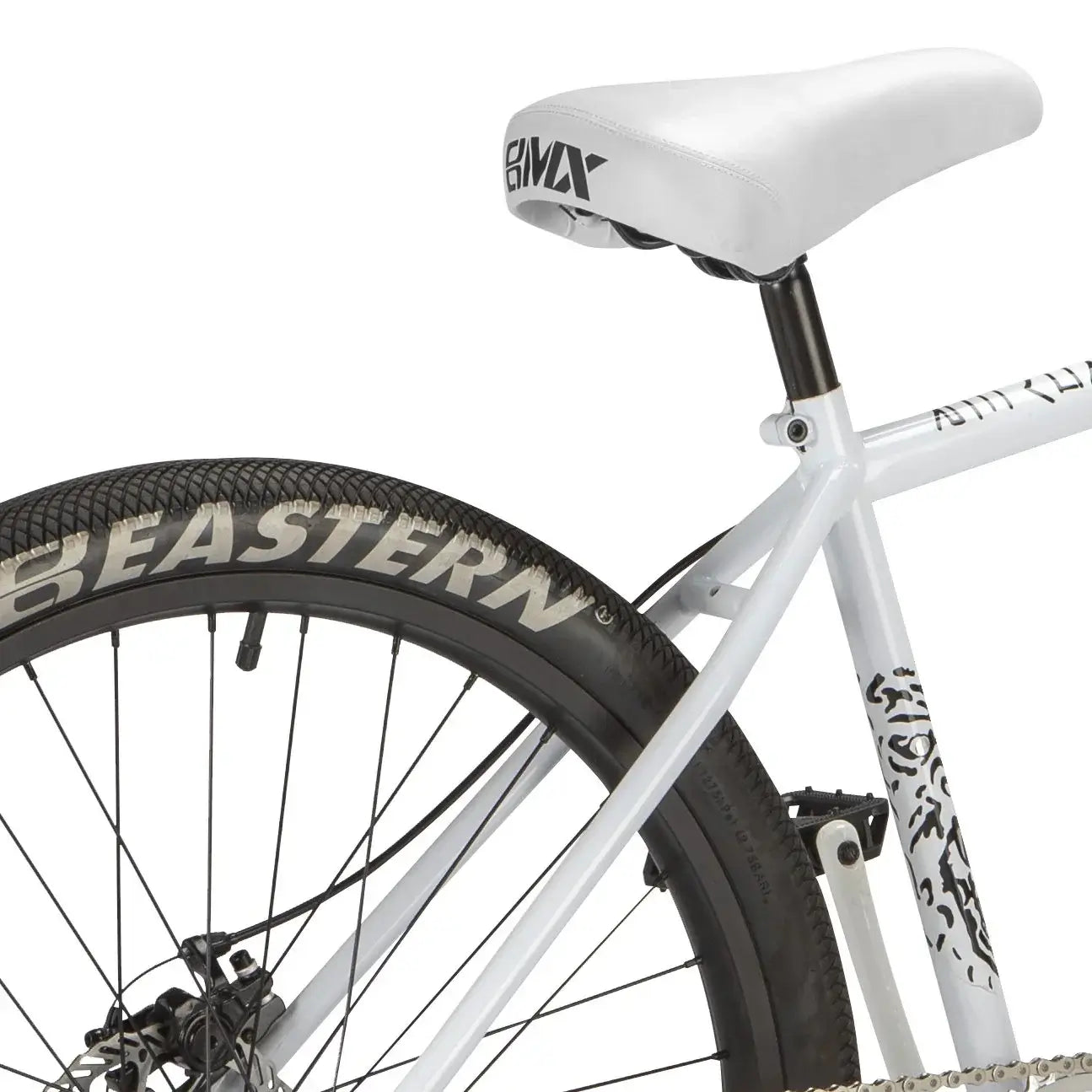 Eastern Bike Growler LTD with white BMX seat and Eastern logo tire, showcasing durability and style.
