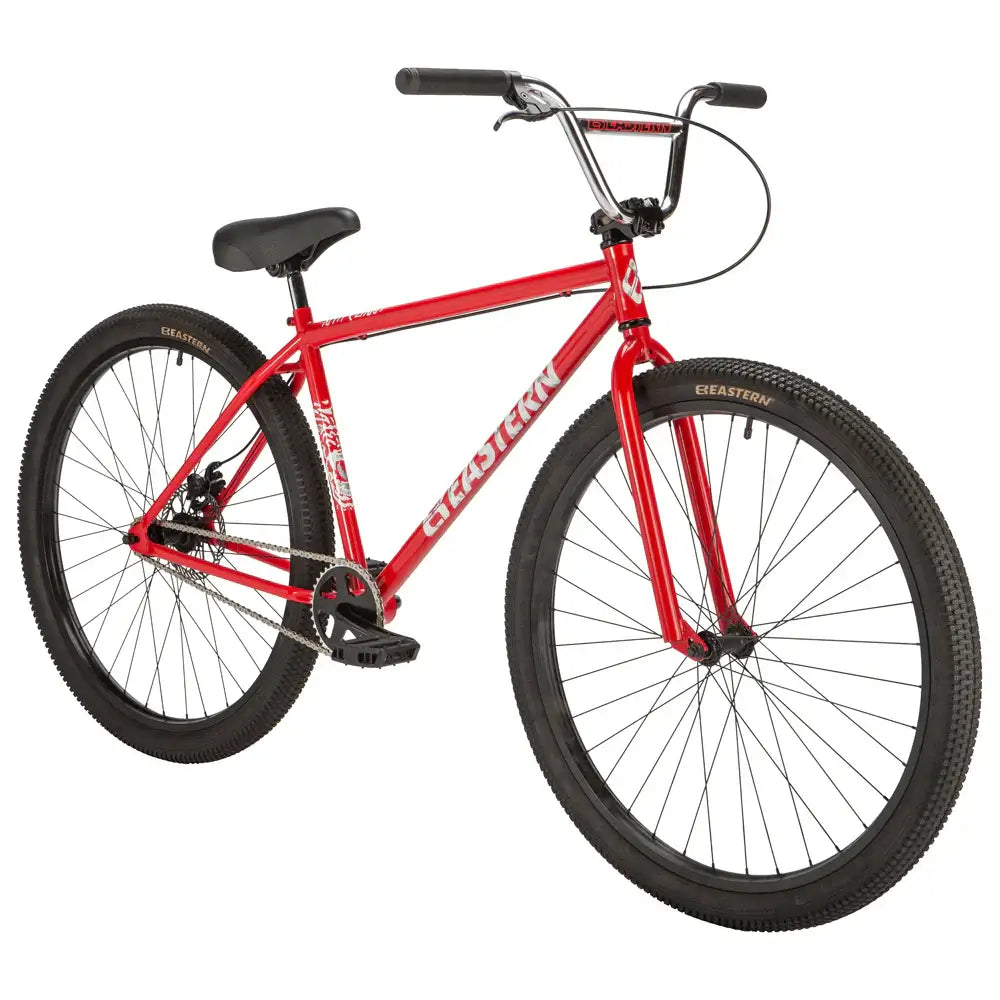 Eastern Bike Growler in red, showcasing its BMX style, sturdy construction, and Eastern logo tires.