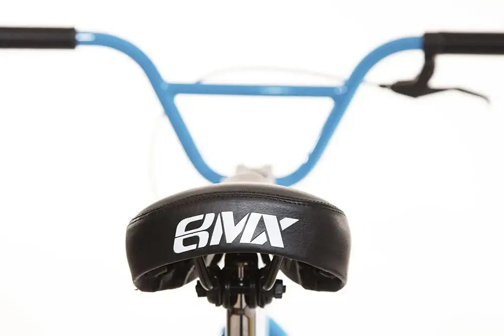 Close-up of Eastern BMX bike saddle and handlebars, showcasing the sleek design and vibrant blue color.