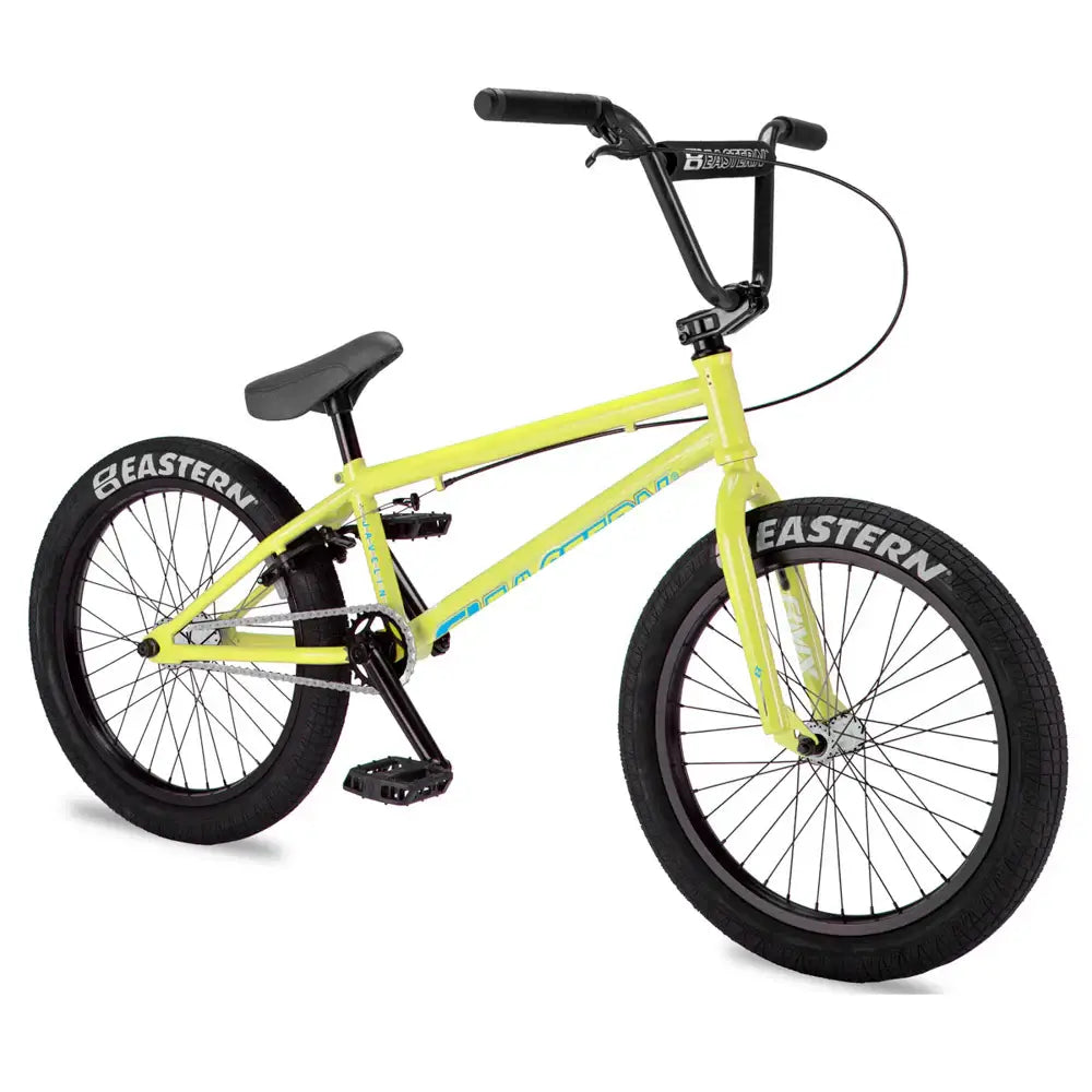 Eastern Javelin bike in bright yellow, featuring a steel frame, sealed hubs, and durable tires for beginners.