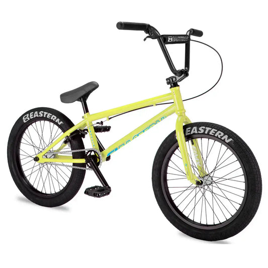 Eastern Javelin bike in bright yellow, featuring a steel frame, sealed hubs, and durable tires for beginners.