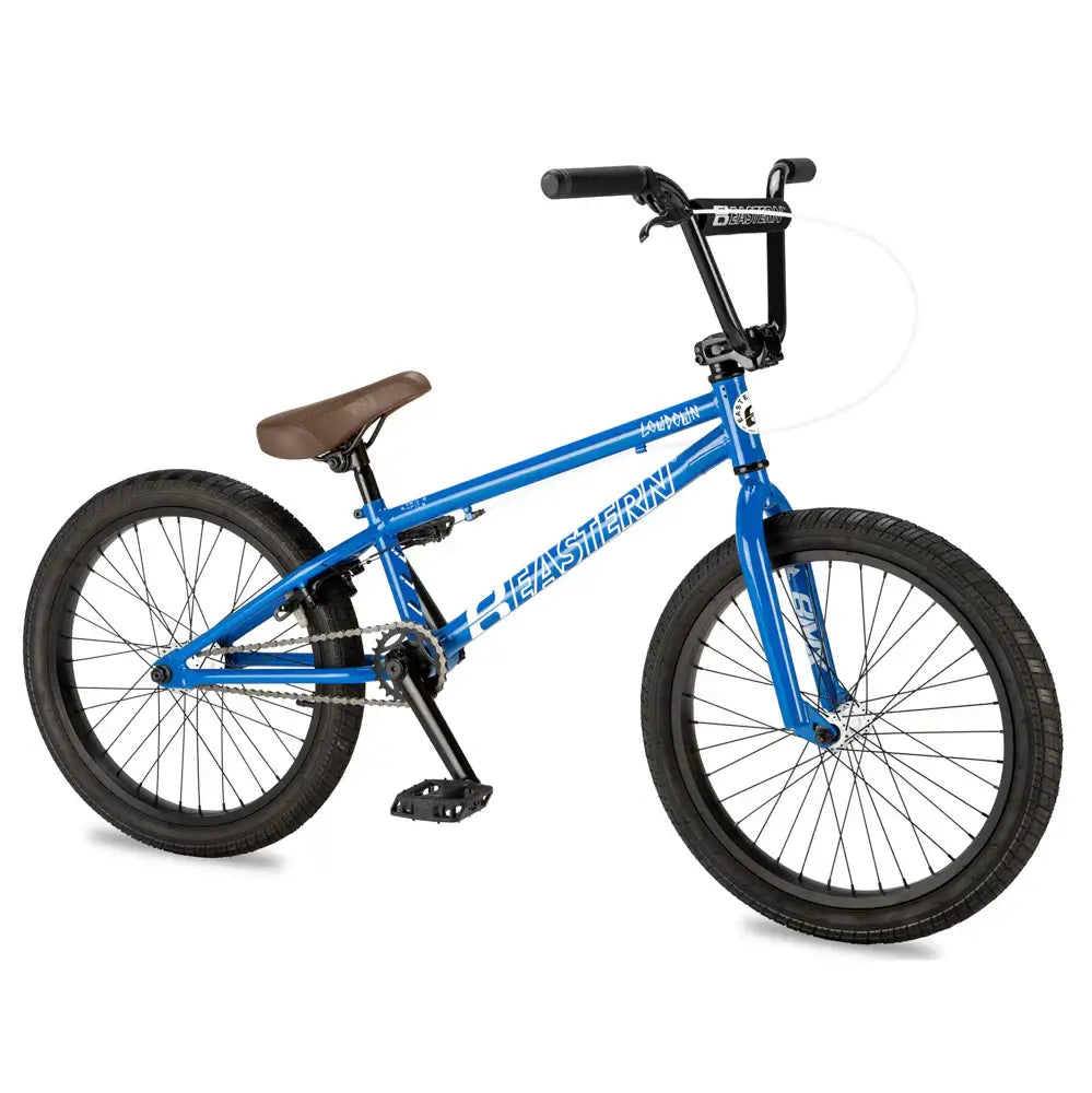 Eastern Bike Lowdown 20" BMX Bike in blue, perfect for beginner riders with chromoly cranks and sealed hubs.